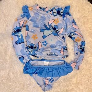 Disney Light Blue Stitch Ruffle Long-Sleeve Rash Guard Swim Set